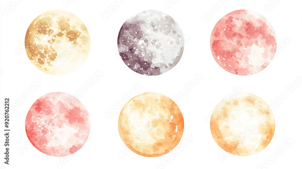 A set of watercolor illustrations depicting full moons in different color tones, perfect for celestial-themed projects and designs.
A set of watercolor illustrations depicting full moons in different color tones, perfect for celestial-themed projects and designs.