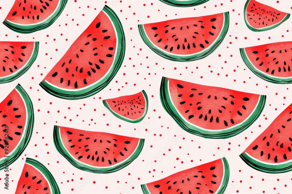 Hand-drawn seamless background with slices of watermelon. Beautiful simple AI generated image in 4K, unique. Hand-drawn seamless background with slices of watermelon. Beautiful simple AI generated image in 4K, unique.