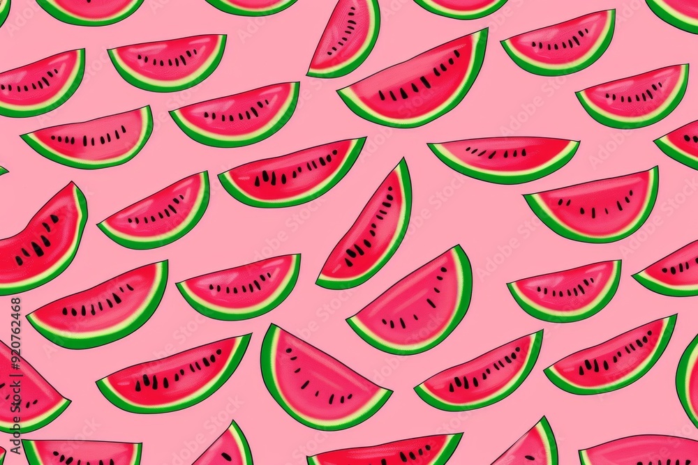 Hand-drawn seamless background with slices of watermelon. Beautiful simple AI generated image in 4K, unique. Hand-drawn seamless background with slices of watermelon. Beautiful simple AI generated image in 4K, unique.