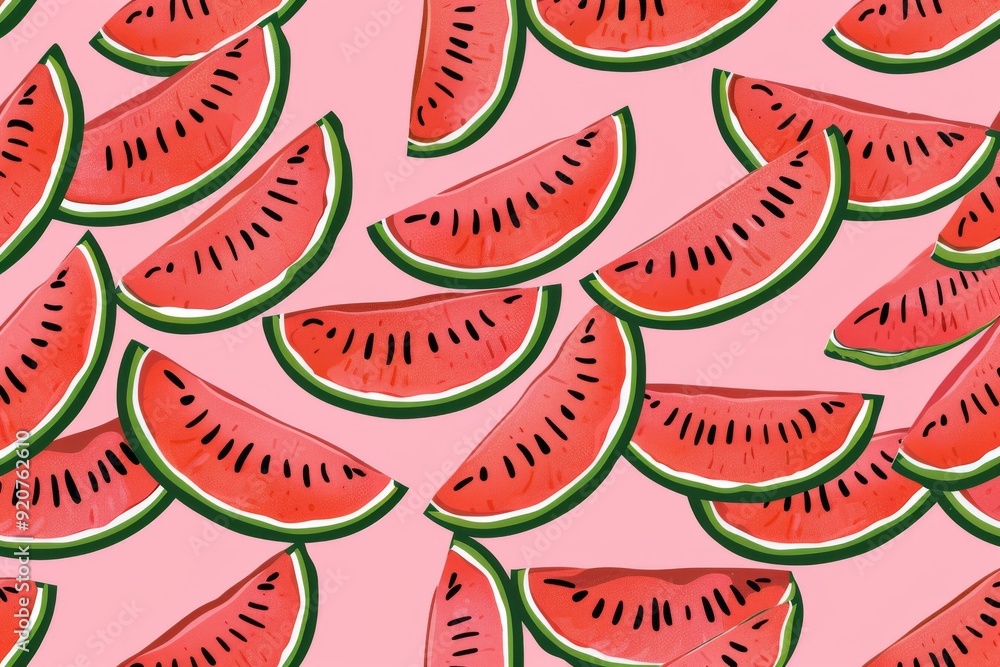 Hand-drawn seamless background with slices of watermelon. Beautiful simple AI generated image in 4K, unique. Hand-drawn seamless background with slices of watermelon. Beautiful simple AI generated image in 4K, unique.
