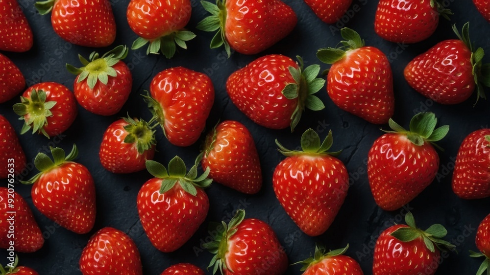 top view of fresh red strawberries on a dark surface. top view of fresh red strawberries on a dark surface.
