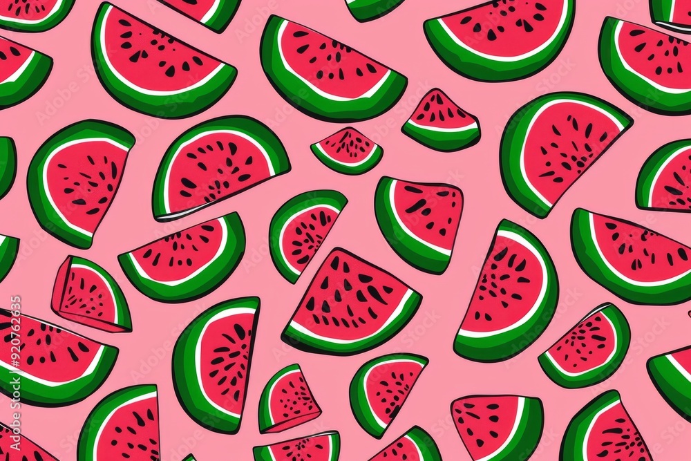 Hand-drawn seamless background with slices of watermelon. Beautiful simple AI generated image in 4K, unique. Hand-drawn seamless background with slices of watermelon. Beautiful simple AI generated image in 4K, unique.