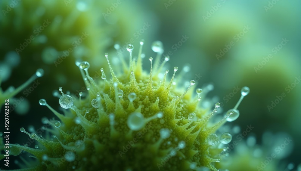Vibrant life in droplets A closeup of a plants dewy surface Vibrant life in droplets A closeup of a plants dewy surface