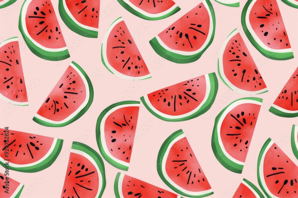 Seamless pattern with watermelon slices on a black background, flat vector illustration. For t-shirt prints and other uses.. Beautiful simple AI generated image in 4K, unique.