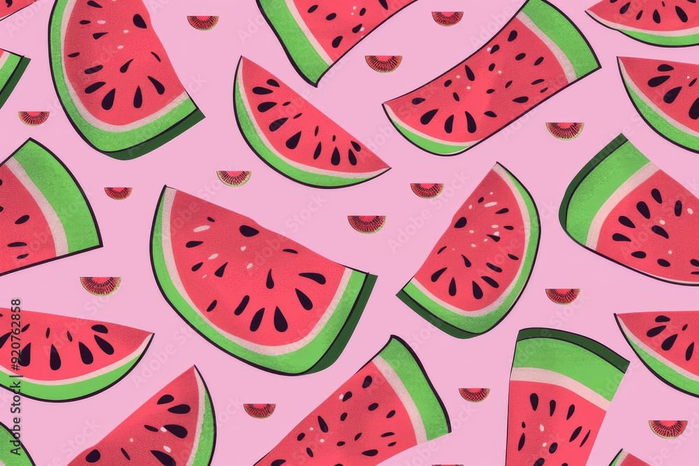 Hand-drawn seamless background with slices of watermelon. Beautiful simple AI generated image in 4K, unique. Hand-drawn seamless background with slices of watermelon. Beautiful simple AI generated image in 4K, unique.