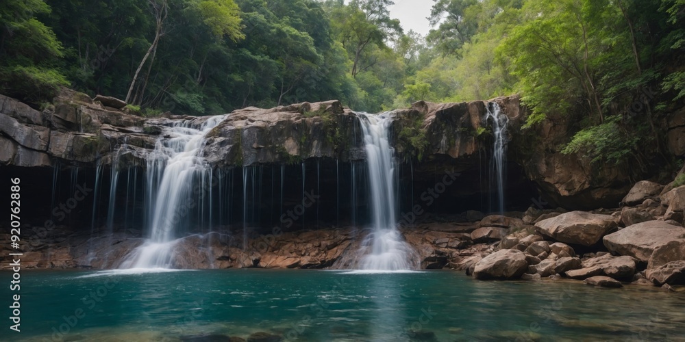 A serene waterfall cascading down a rocky cliff inviting visitors to take a dip in its refreshing waters. A serene waterfall cascading down a rocky cliff inviting visitors to take a dip in its refreshing waters.