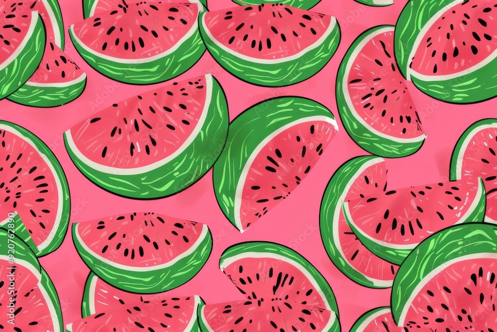 Seamless pattern with watermelon slices on a black background, flat vector illustration. For t-shirt prints and other uses.. Beautiful simple AI generated image in 4K, unique. Seamless pattern with watermelon slices on a black background, flat vector illustration. For t-shirt prints and other uses.. Beautiful simple AI generated image in 4K, unique.