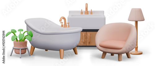 Set of sanitary ware and furniture for cozy home. Vector composition in 3D style