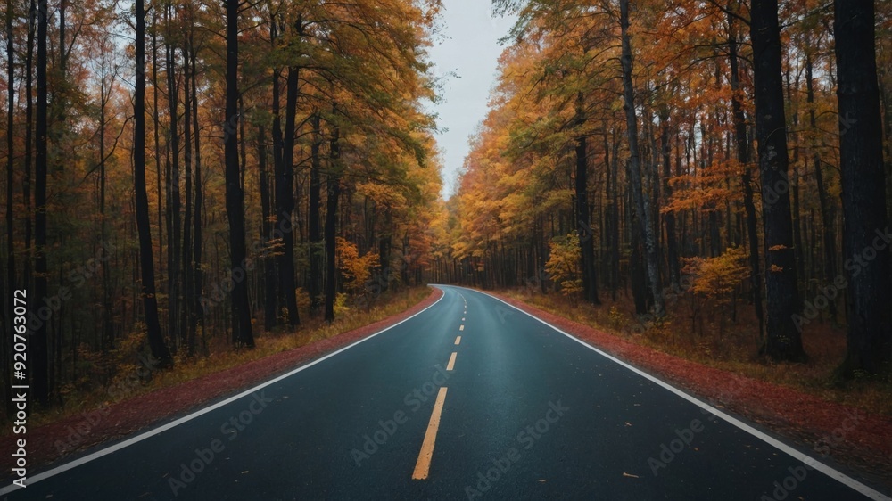 Fototapeta premium An asphalt highway in a colorful autumn forest on the way to Kaliningrad.
