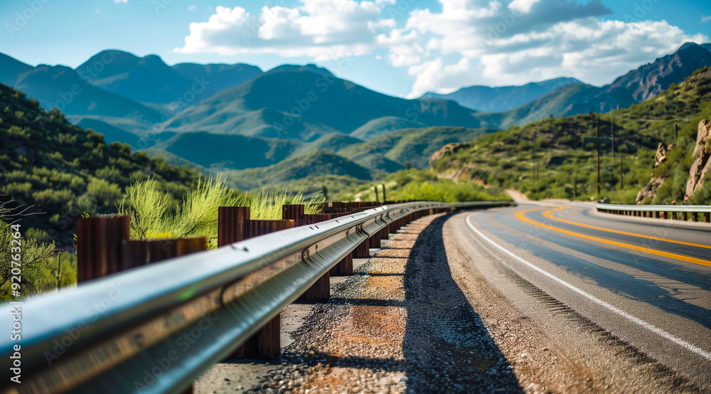 Fototapeta premium Industrial decay meets natural beauty, rusty guardrail with mountains in the background
