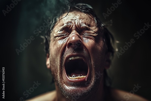 Man screaming with intense emotion, sweat and anguish on his face, dramatic close-up