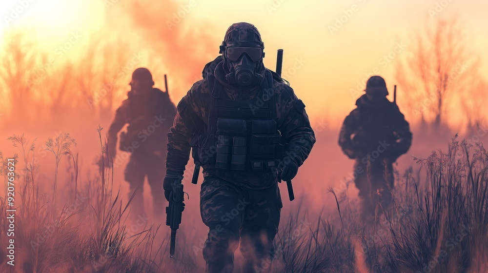 Soldiers in gas masks advance through foggy terrain at sunset, embodying resilience and strength in a vivid war scene. Soldiers in gas masks advance through foggy terrain at sunset, embodying resilience and strength in a vivid war scene.