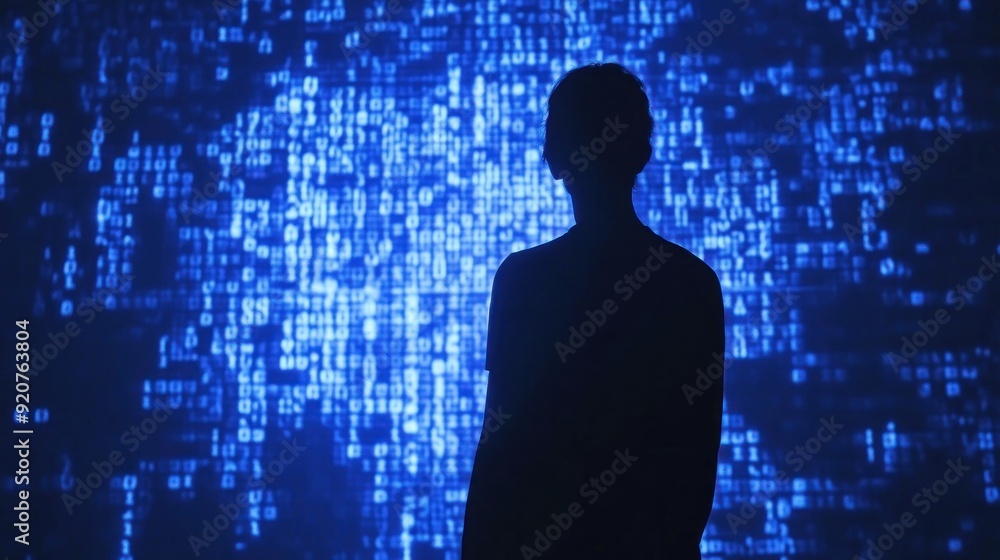 Silhouette of a Person Standing Before a Blue, Blurred Code Background Silhouette of a Person Standing Before a Blue, Blurred Code Background