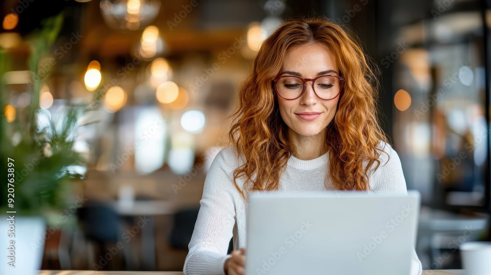 A focused and stylish woman with curly hair and glasses works on her laptop in a warmly lit café, surrounded by green plants, providing a productive and serene atmosphere. A focused and stylish woman with curly hair and glasses works on her laptop in a warmly lit café, surrounded by green plants, providing a productive and serene atmosphere.