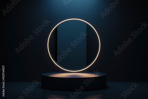 Fototapeta Naklejka Na Ścianę i Meble -  Dark matte pedestal, podium, stand and light. Exhibition space for branded products, goods. Glow decor for Luxury royal ads design. 3d render illustration. with generative ai