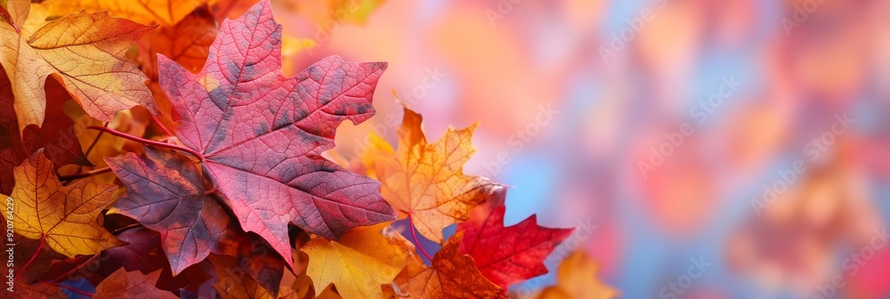 A composition of vividly colored autumn leaves in shades of red and orange set against a soft blue background, creating a striking contrast. A composition of vividly colored autumn leaves in shades of red and orange set against a soft blue background, creating a striking contrast.