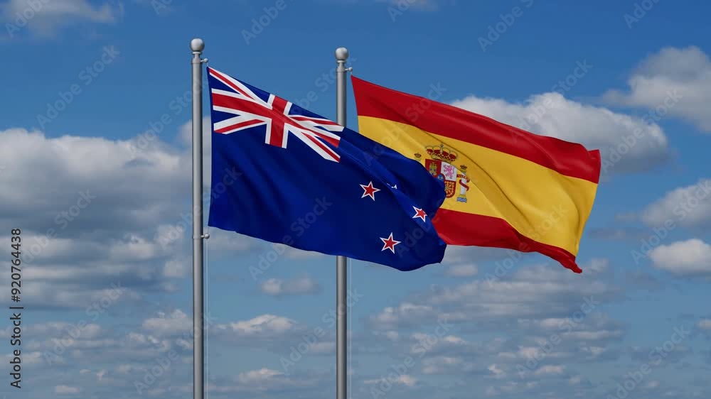 Spain and New Zealand flags flying together, video concept of the relationship, two country cooperation concept Spain and New Zealand flags flying together, video concept of the relationship, two country cooperation concept