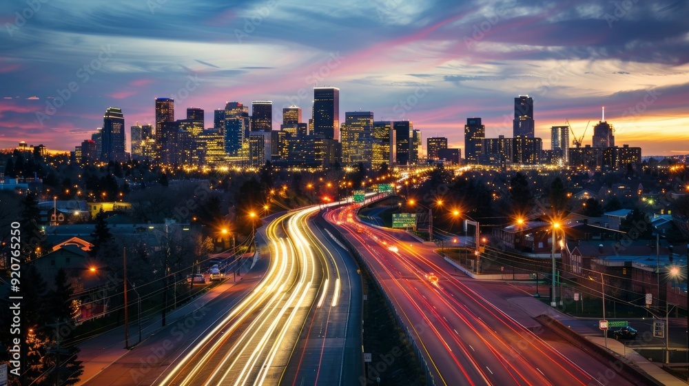 A high-paced highway leading into a bustling cityscape at sunset, captured in vibrant colors with the city's skyline illuminated against the twilight sky. A high-paced highway leading into a bustling cityscape at sunset, captured in vibrant colors with the city's skyline illuminated against the twilight sky.