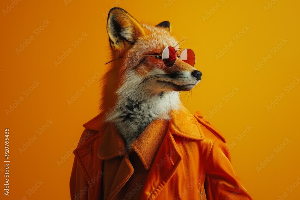 Fototapeta premium A fox is shown in a front view portrait, captured in side profile, wearing 1960s mid-century space-age fashion