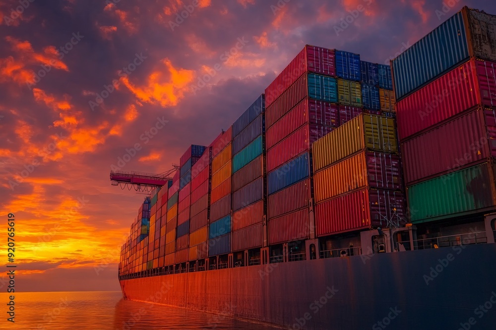 Fototapeta premium A majestic cargo ship carrying colorful containers peacefully traverses through the sea under a vividly colored sunset sky, embodying the harmony of industry and nature.
