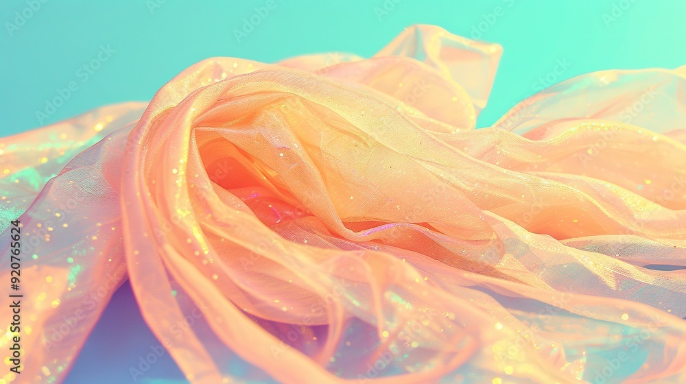 Close-up of yellow scarf on blue & pink background with blurred water droplets Close-up of yellow scarf on blue & pink background with blurred water droplets