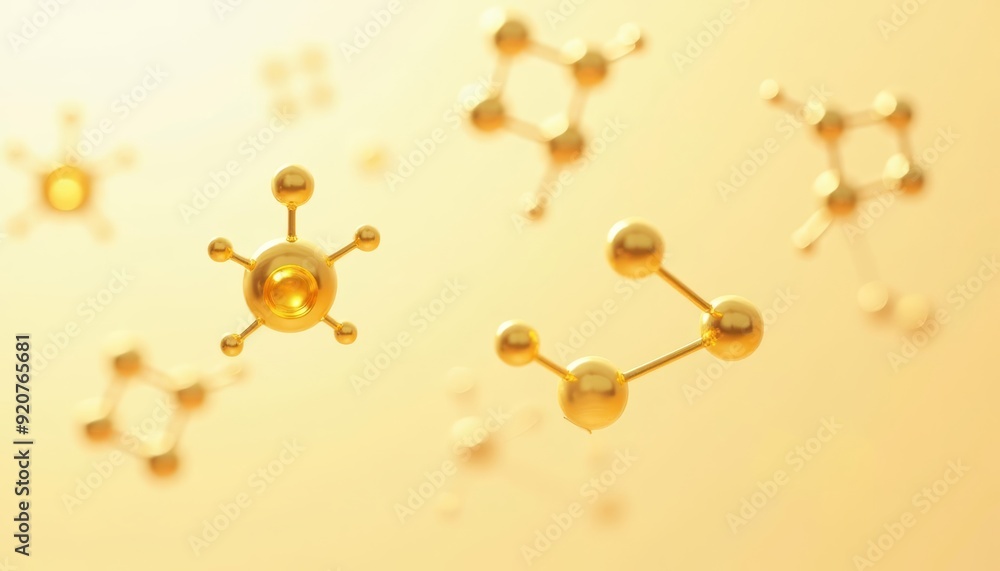 Fototapeta premium Golden molecular structures against a yellow backdrop