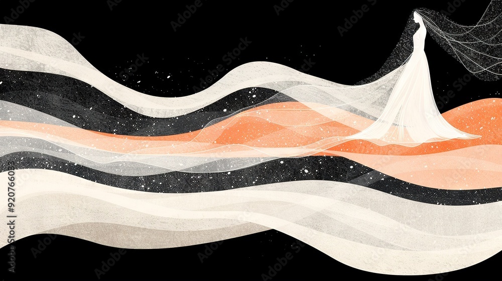 A woman in a white dress floats above a black and orange wave A woman in a white dress floats above a black and orange wave