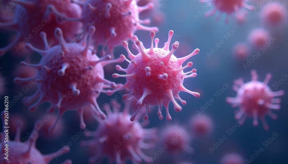 Viral particles in a microscopic view illustrating the spread of a contagion Viral particles in a microscopic view illustrating the spread of a contagion