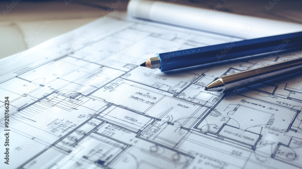 Detailed Architectural Blueprint On A Table With Precision Instruments And Pencil, Showcasing Professional Design Work Detailed Architectural Blueprint On A Table With Precision Instruments And Pencil, Showcasing Professional Design Work