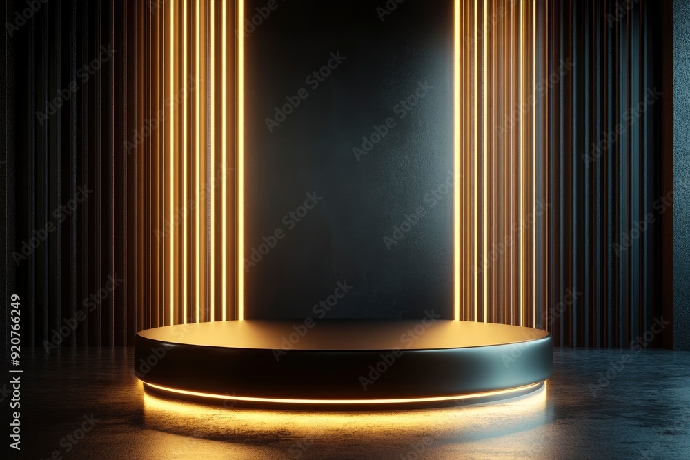 Dark matte pedestal, podium, stand and light. Exhibition space for branded products, goods. Glow decor for Luxury royal ads design. 3d render illustration. with generative ai Dark matte pedestal, podium, stand and light. Exhibition space for branded products, goods. Glow decor for Luxury royal ads design. 3d render illustration. with generative ai