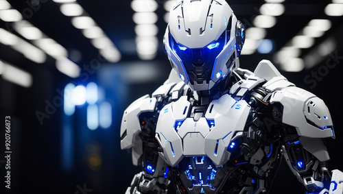 This is a picture of a white robot with blue lights. It has a helmet and a strong, futuristic design.

 photo