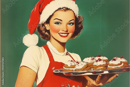 Retro Christmas lady holding festive cookies