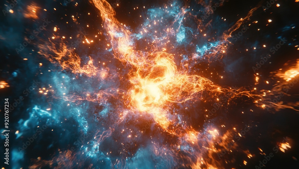 Cinematic Still of Incandescent Plasma Firework Explosion: Vibrant Blue and Orange Hues Against Dark Backdrop Cinematic Still of Incandescent Plasma Firework Explosion: Vibrant Blue and Orange Hues Against Dark Backdrop