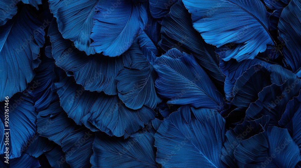 A detailed photo of a cluster of large, dark-blue feathers adorned with thin, delicate feathers at their base A detailed photo of a cluster of large, dark-blue feathers adorned with thin, delicate feathers at their base