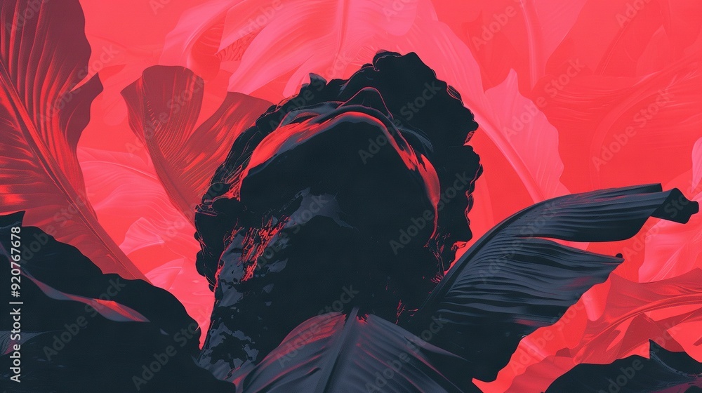 Φωτογραφία A close-up of a red and black painting depicts a leafy plant against a red sky