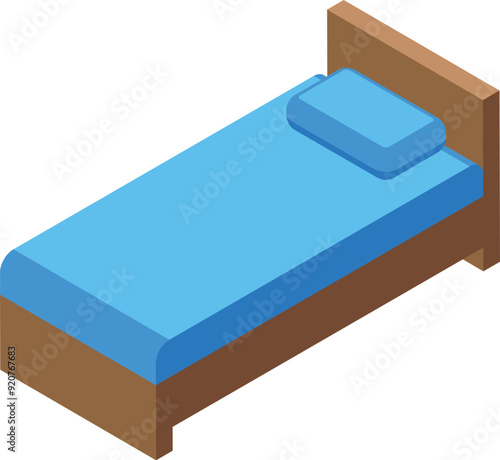 Blue bed with pillow isometric icon, bedroom furniture