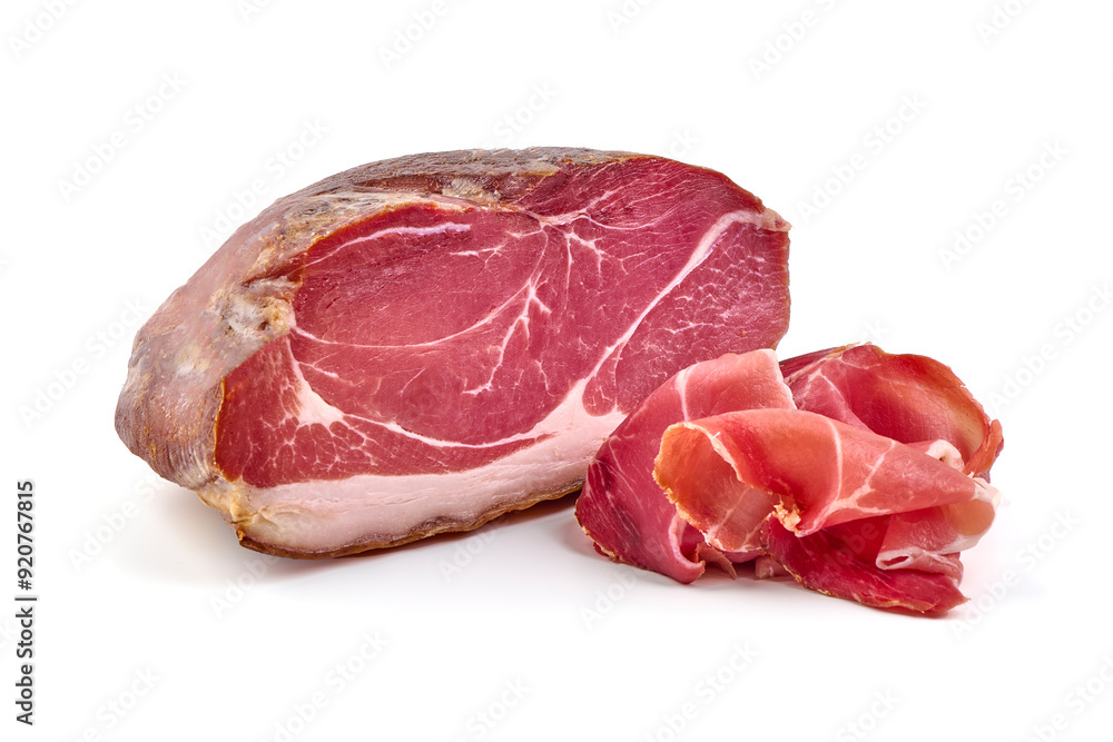 Italian prosciutto crudo or spanish jamon. Jerked meat, isolated on white background. Italian prosciutto crudo or spanish jamon. Jerked meat, isolated on white background.