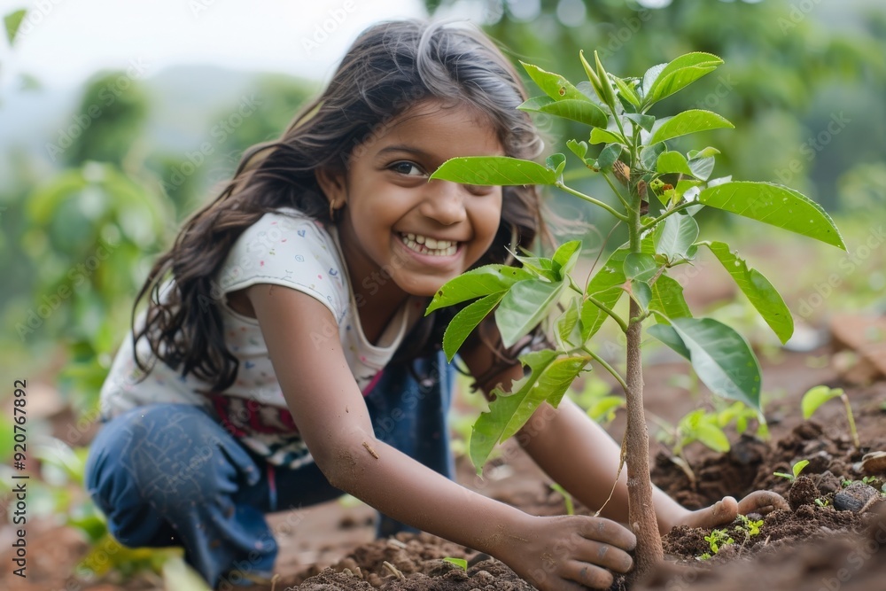 The image shows a joyful child planting a young tree sapling outdoors, displaying enthusiasm and care for nature, representing hope and environmental awareness. The image shows a joyful child planting a young tree sapling outdoors, displaying enthusiasm and care for nature, representing hope and environmental awareness.