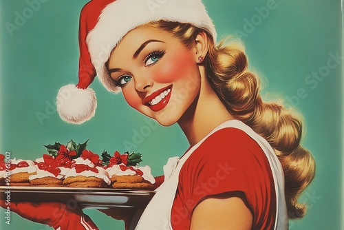 Retro style woman in Santa hat holding cookies