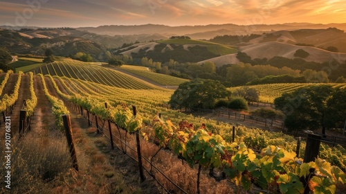 A beautiful vineyard bathed in twilight sunrays, showcasing lush green vines against a backdrop of rolling hills and a spectacular sunset sky.