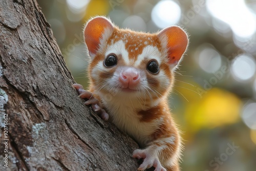 curious quoll perched on gnarled tree trunk spotted fur blending with dappled forest light intense gaze and whiskers in sharp focus showcasing this rare marsupials beauty photo