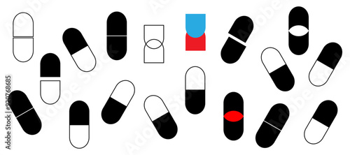 Pills icon set medicament and pharmaceutical symbol. Capsule, medicine and dust icon.