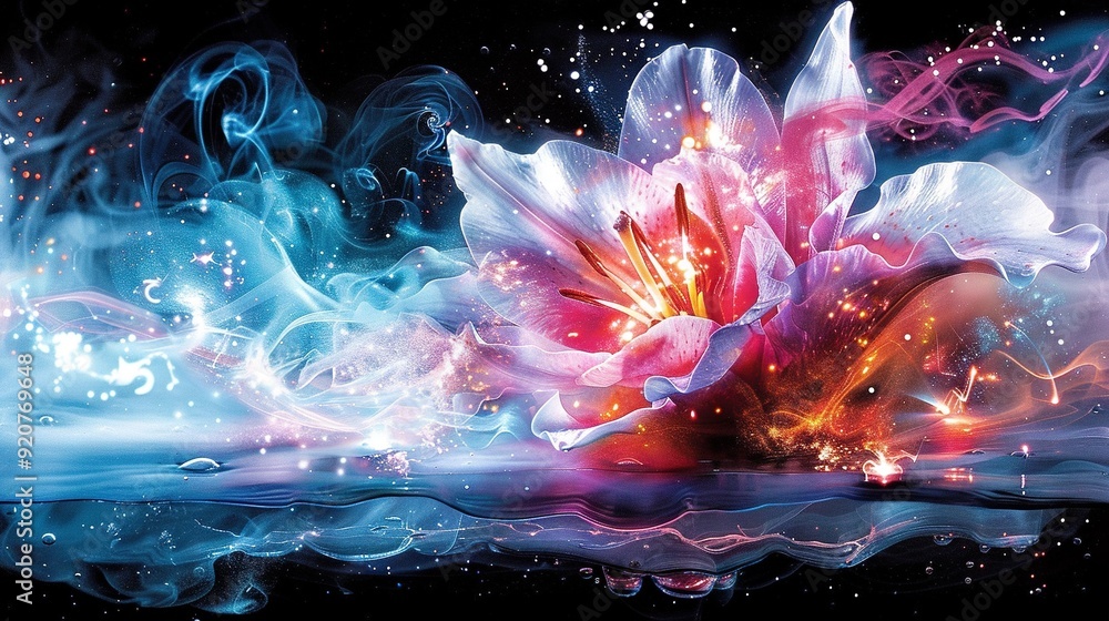 A painting depicts a flower floating on water, surrounded by thick clouds A painting depicts a flower floating on water, surrounded by thick clouds