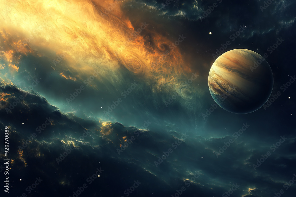 Gaseous planet with swirling clouds and distant stars. .. Gaseous planet with swirling clouds and distant stars. ..