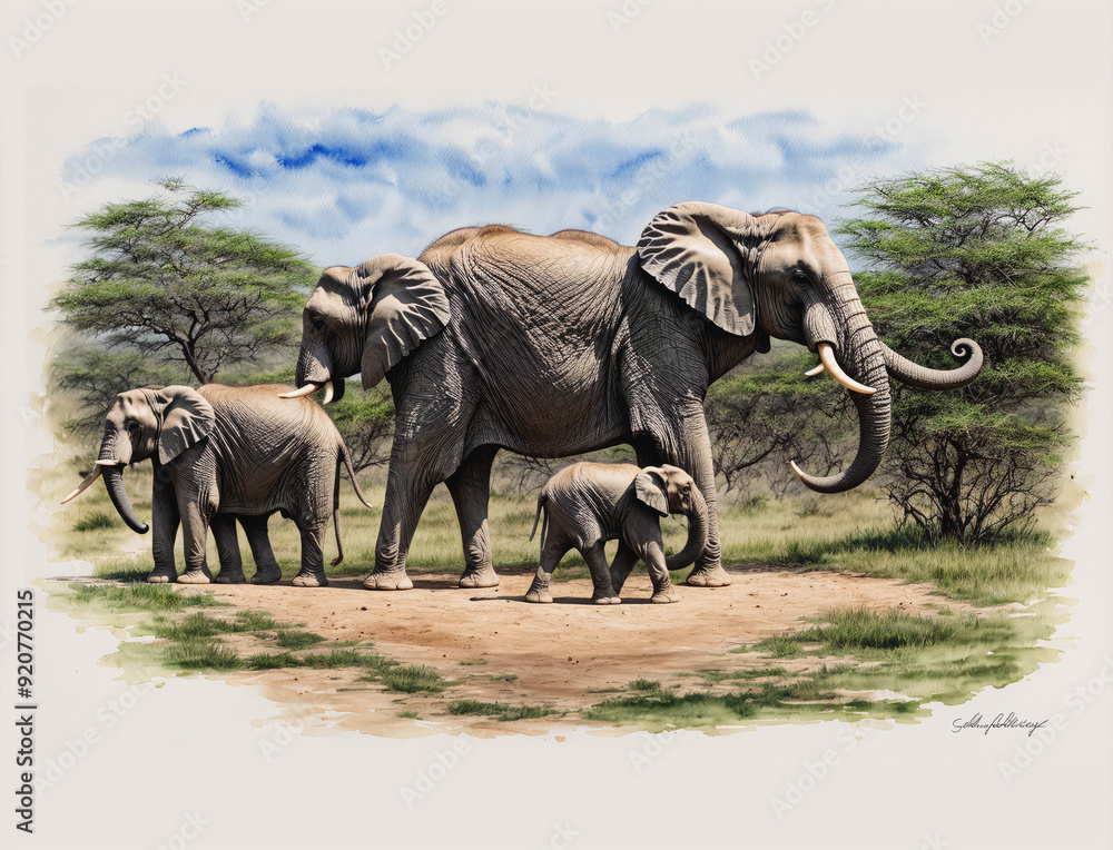Fototapeta premium A painting of three elephants, one of which is a baby
