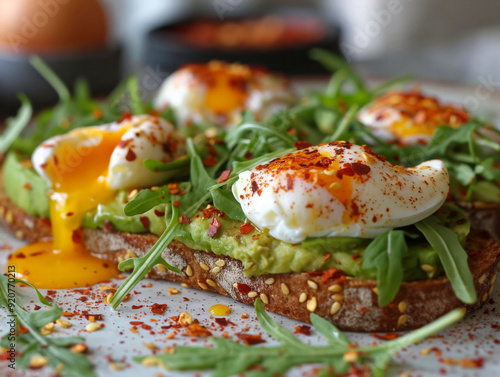 A plate of food with eggs, avocado, and spinach. The plate is topped with a variety of spices and herbs, giving it a colorful and appetizing appearance