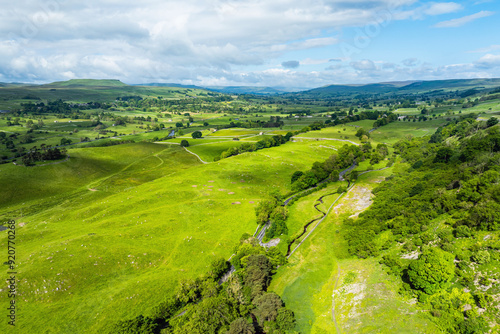 Farms and Fields over Yorkshire Dales National Park from a dron, North Yorkshire, England photo