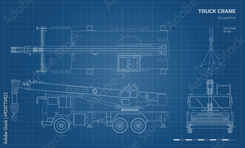 Truck crane outline blueprint. Side, top and front views. Industrial building drawing. Document with loader car in line style. Contour template