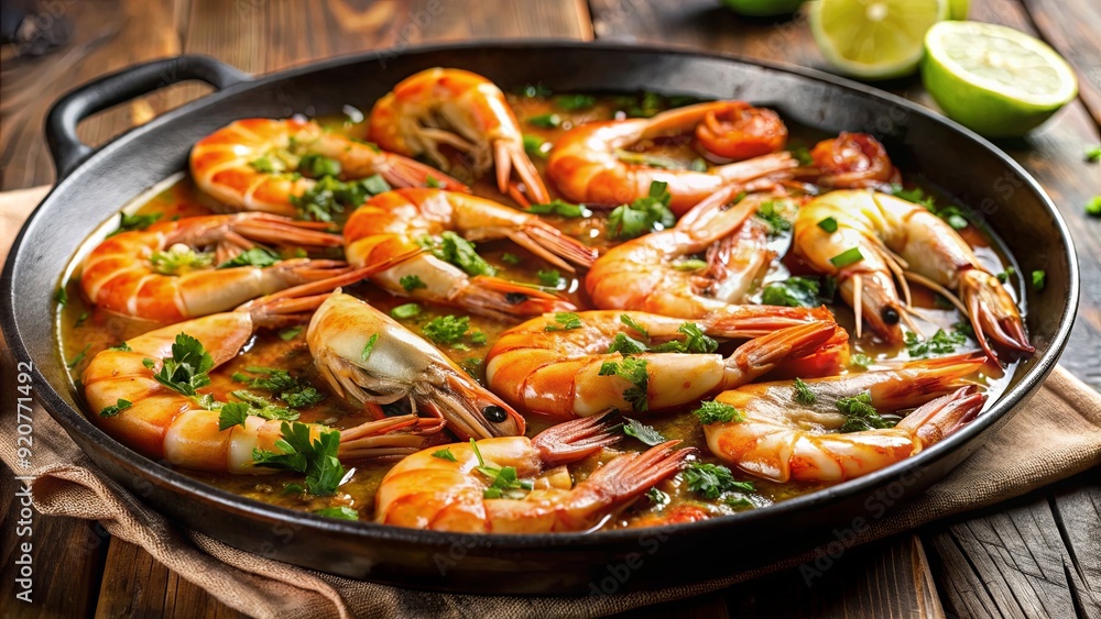 A close-up shot of sizzling Gambas al Ajillo in a traditional Spanish pan, tapas, Spanish cuisine, garlic shrimp A close-up shot of sizzling Gambas al Ajillo in a traditional Spanish pan, tapas, Spanish cuisine, garlic shrimp