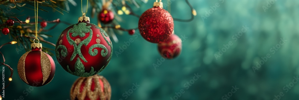 Obraz premium Close-up of various red Christmas ornaments hanging on a tree branch with a green background, evoking a festive holiday feeling.